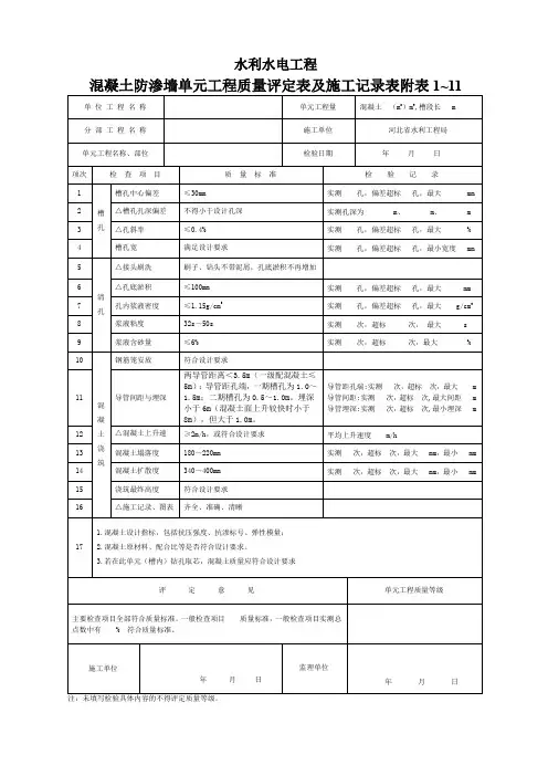 防渗墙单元工程质量评定表及施工记录表