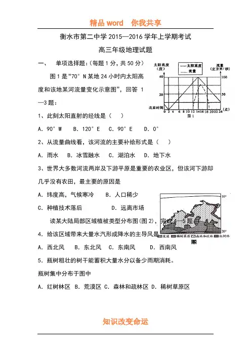 河北省衡水第2016届高三地理上册期中考试题