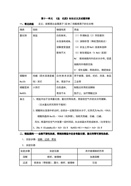 人教版初中化学《盐化肥》知识点以及试题详解