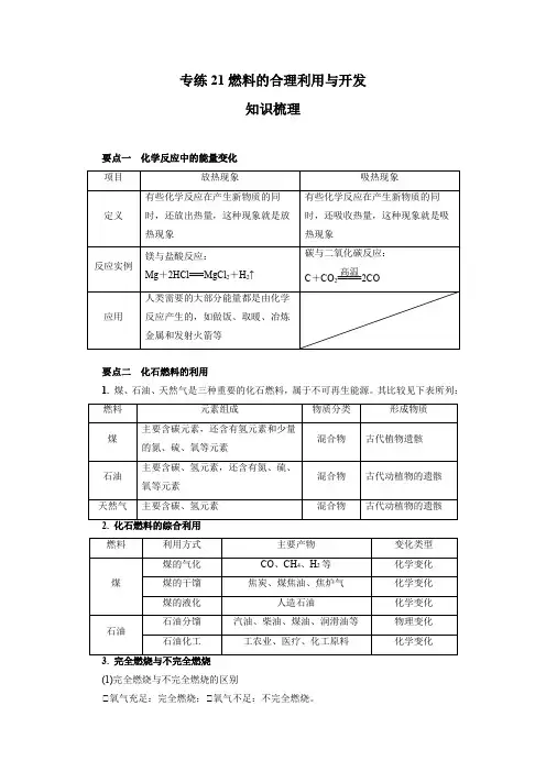 人教版化学九年级上册期末高频考点专题突破专练21  燃料的合理利用与开发