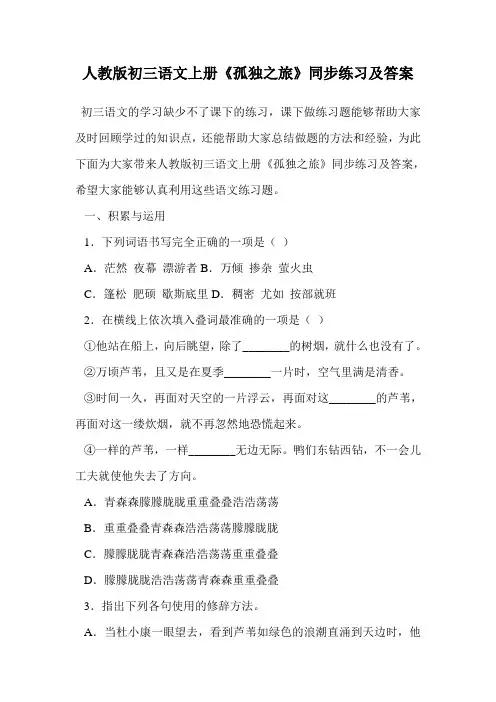 人教版初三语文上册《孤独之旅》同步练习及答案.doc