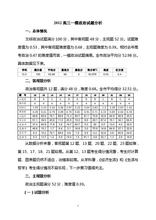 2012高三一模政治试题分析