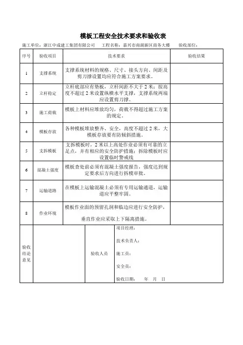 模板工程安全技术要求和验收表
