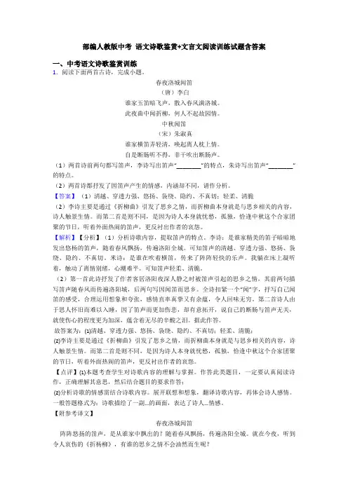 部编人教版中考 语文诗歌鉴赏+文言文阅读训练试题含答案