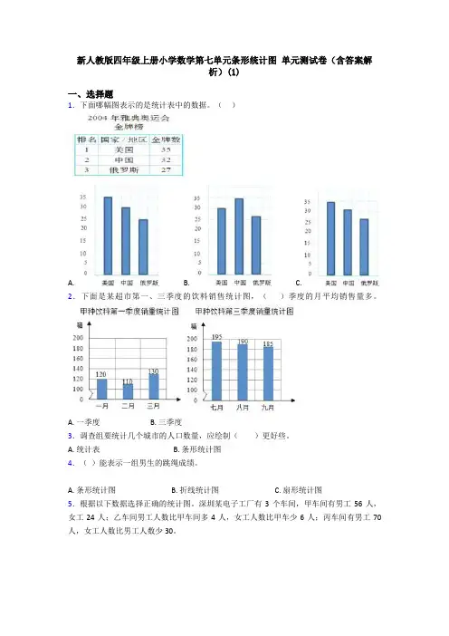 新人教版四年级上册小学数学第七单元条形统计图 单元测试卷(含答案解析)(1)