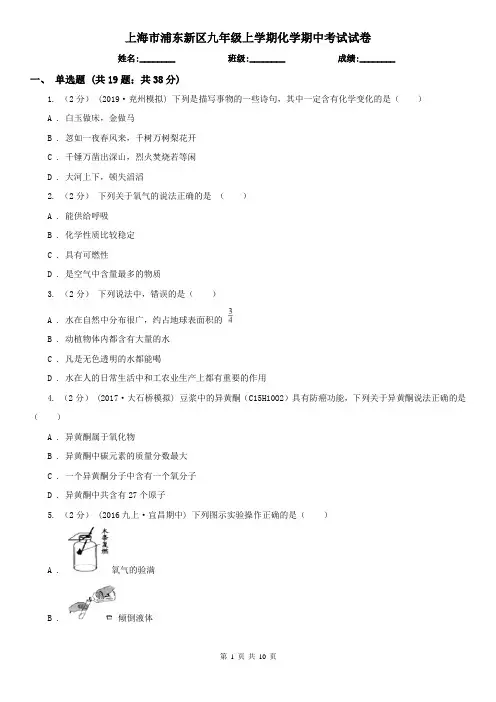 上海市浦东新区九年级上学期化学期中考试试卷