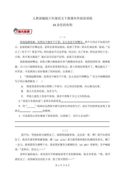 人教部编版六年级语文下册13.《金色的鱼钩》课内外阅读训练(有答案)