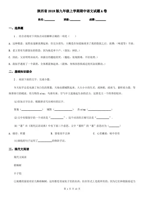 陕西省2019版九年级上学期期中语文试题A卷(练习)