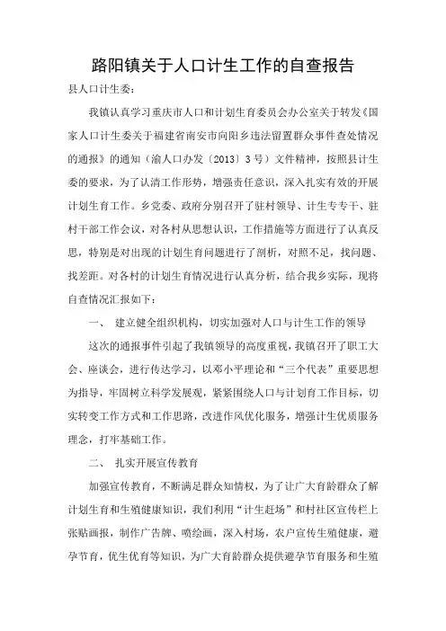 路阳镇关于人口计生工作的自查报告