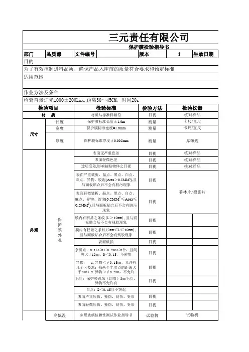 成品保护膜检验标准书SIP