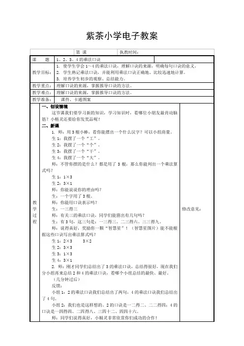 1、2、3、4的乘法口诀