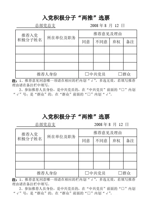 入党积极分子“两推”选票