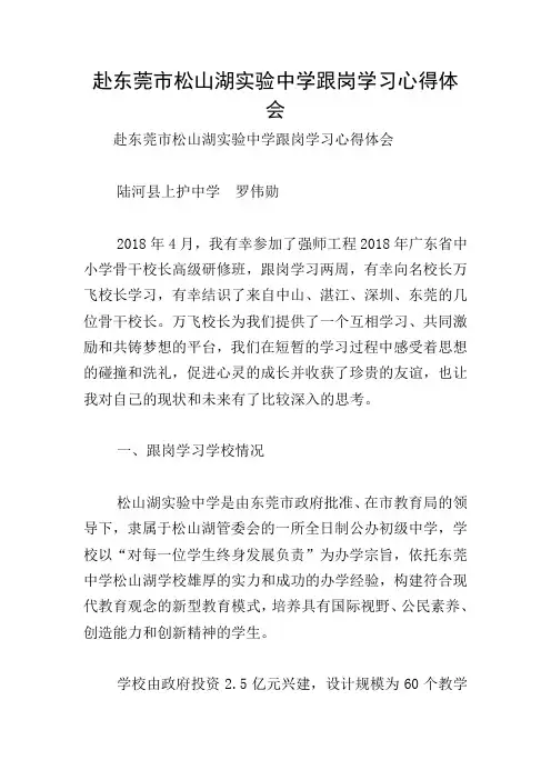 赴东莞市松山湖实验中学跟岗学习心得体会