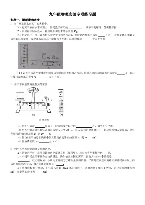 九年级物理常见实验专题训练