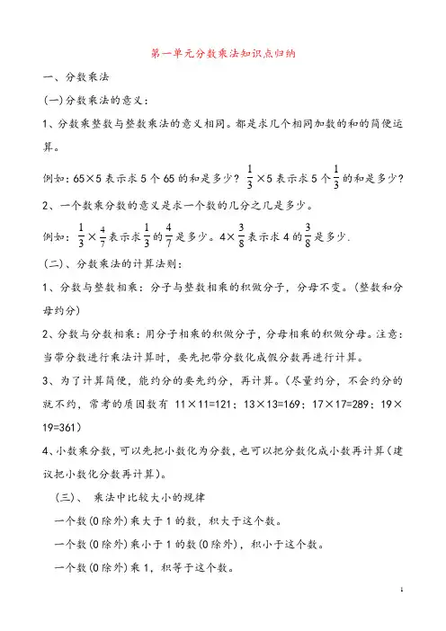六年级数学上册第一单元分数乘法知识点归纳