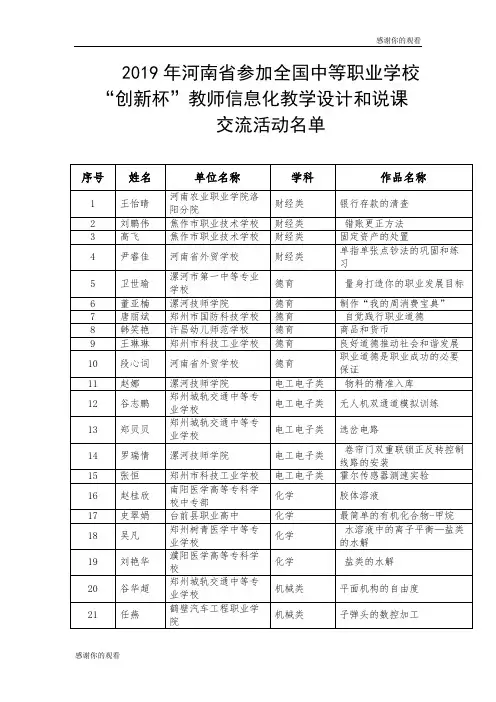 2019年河南省参加全国中等职业学校“创新杯”教师信息化教学设计和说课.doc