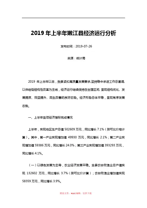 2019年上半年嫩江县经济运行分析