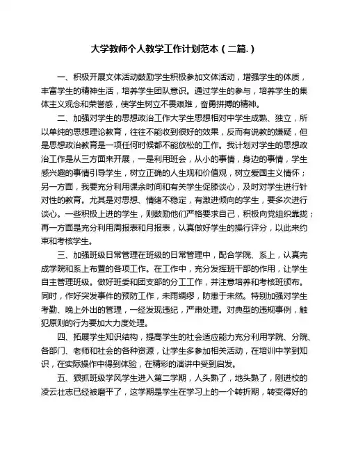 大学教师个人教学工作计划范本(二篇.)