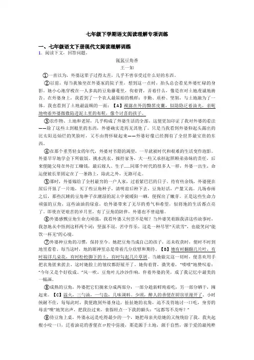 七年级下学期语文阅读理解专项训练