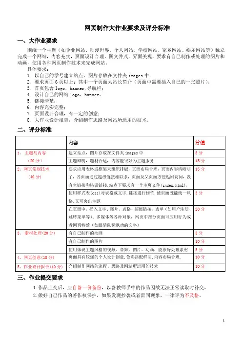 网页制作大作业要求及评分标准