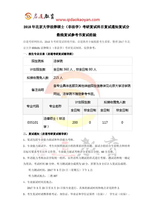 2018年北京大学法律硕士(非法学)考研复试科目复试通知复试分数线复试参考书复试经验