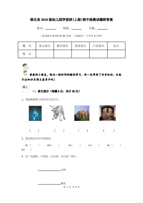 湖北省2019版幼儿园学前班(上册)期中检测试题附答案