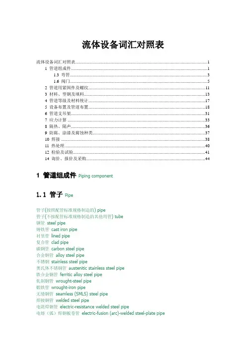 流体设备词汇对照表