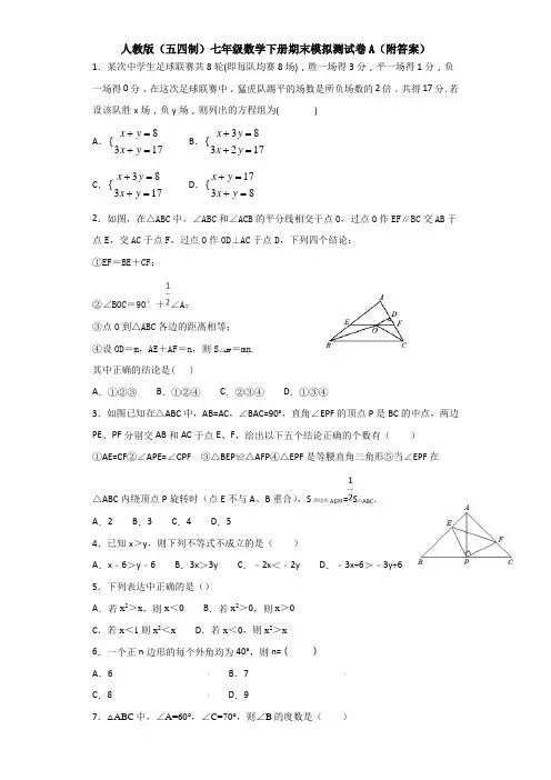 人教版(五四制)七年级数学下册期末模拟测试卷A(附答案)
