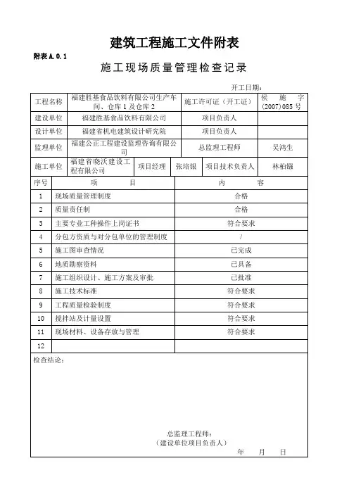 建筑工程施工文件附表