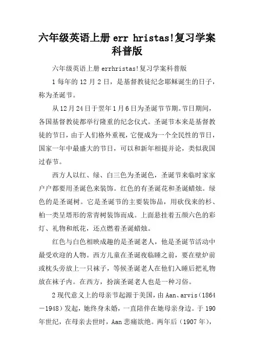 六年级英语上册Merry christmas!复习学案科普版