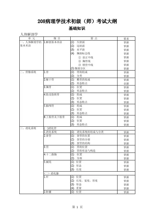 病理学技术初级(师)考试大纲