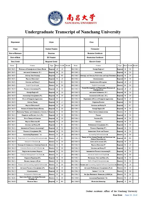 南昌大学英文成绩单模板