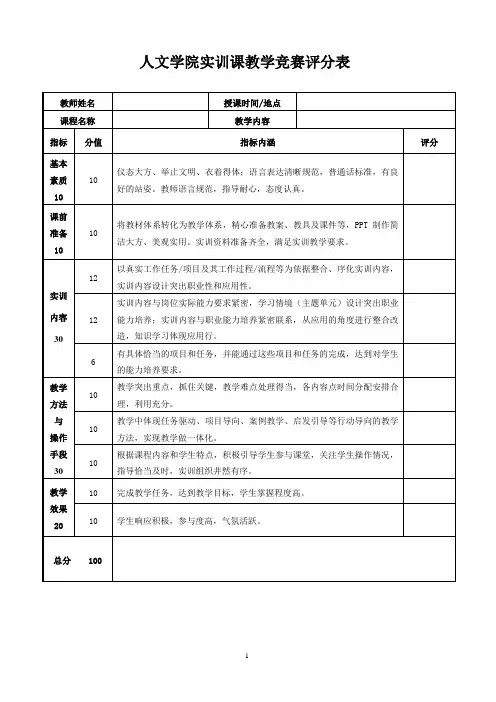 教学竞赛评分表