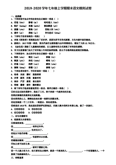 四川省自贡市2019-2020学年七上语文期末试卷
