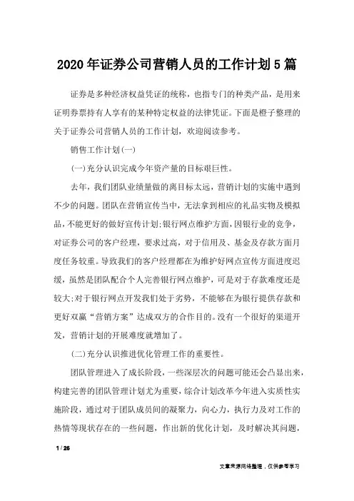 2020年证券公司营销人员的工作计划5篇_工作计划