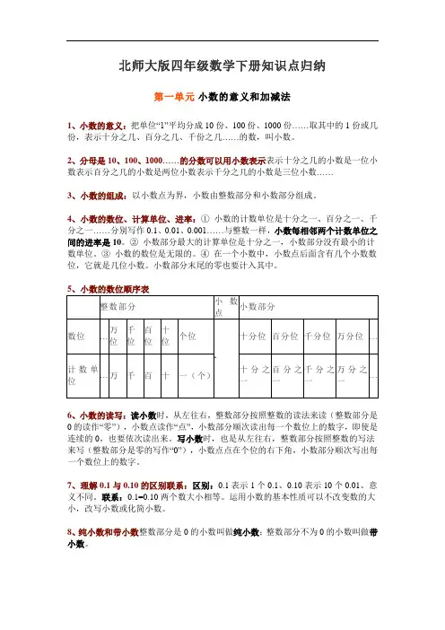 北师大版小学四年级数学下册全册知识点归纳