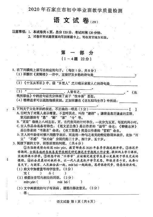 2020年河北石家庄语文全市统考
