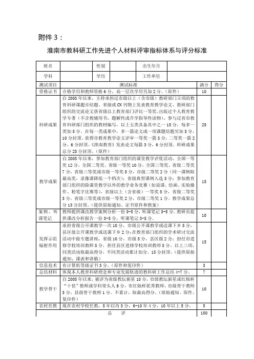 淮南市教科研工作先进个人材料评审指标体系与评分标准