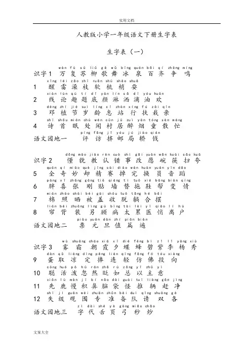 人教版小学一年级语文下册生字表拼音