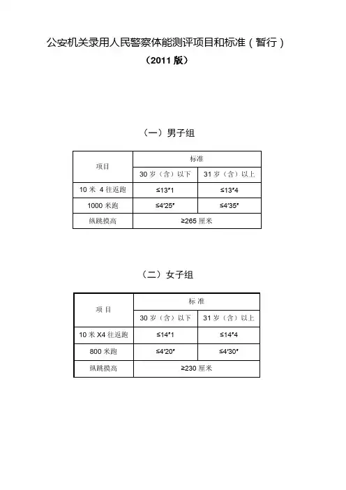 2011版公安机关录用人民警察体能测评项目和标准