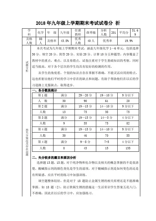 2018年九年级化学期末考试试卷分析