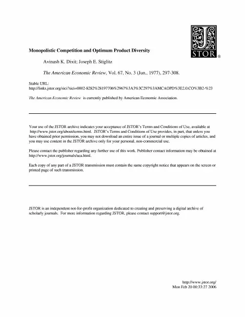 Dixit and Stiglitz——Monopolistic Competition and optimum production diversity