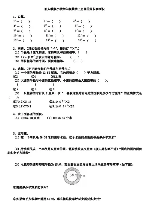 新人教版小学六年级数学上册圆的周长和面积