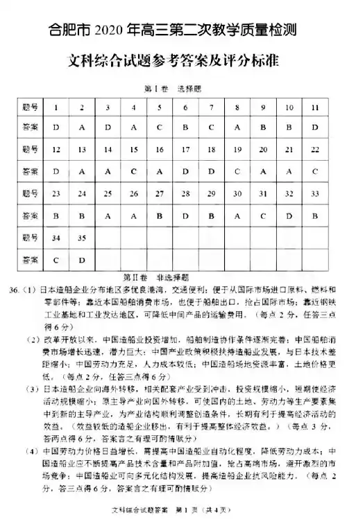 安徽合肥二模高三各科试卷文综