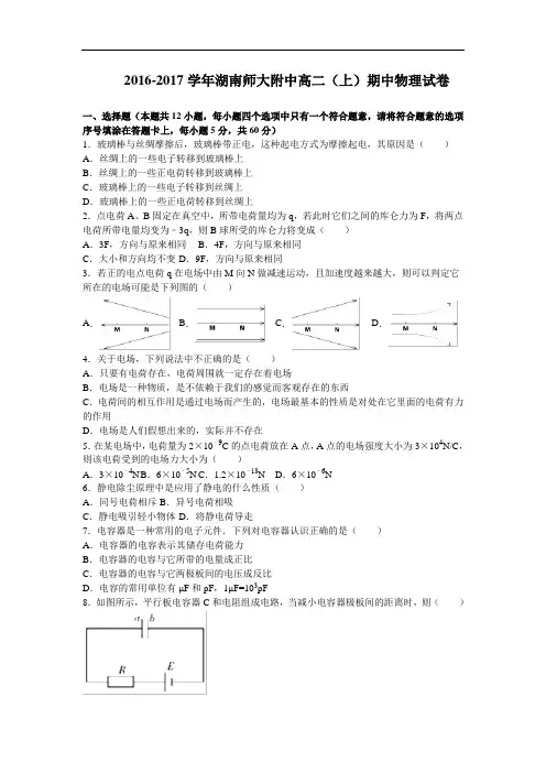 湖南师大附中高二上学期期中考试物理试卷 Word版含解