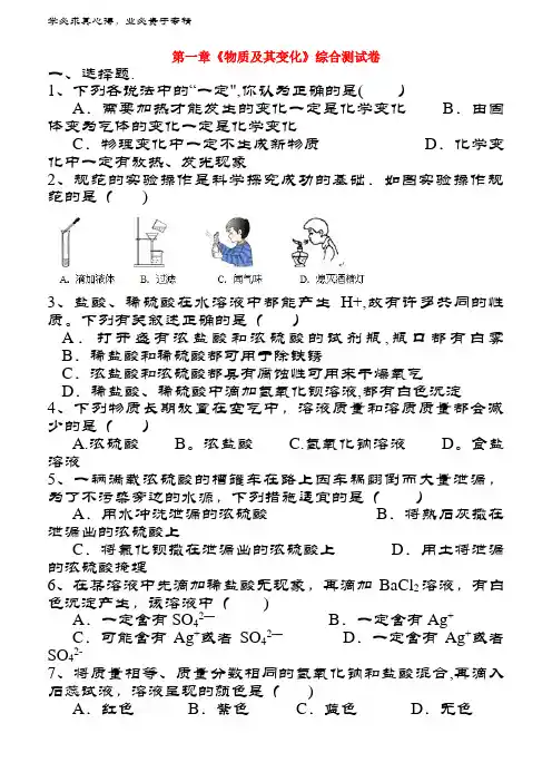 九年级科学上册 第1章 物质及其变化综合测试卷 