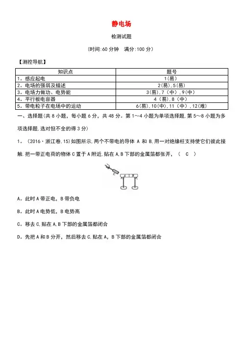 高中物理第一章静电场检测试题(含解析)教科版选修3-1(new)