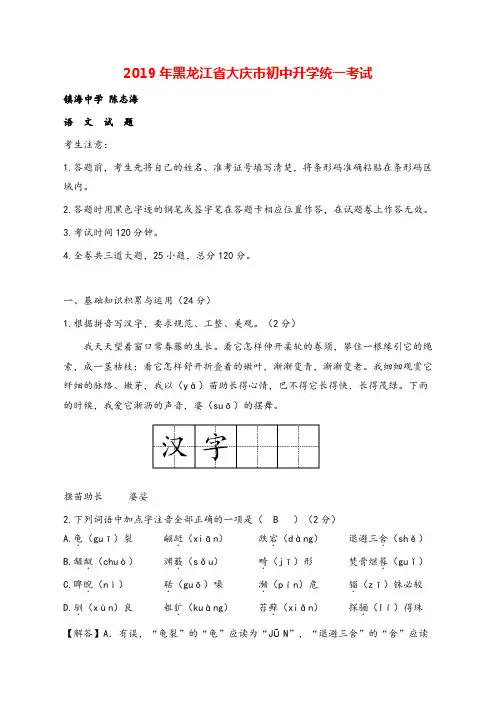 087—2019年黑龙江省大庆市中考语文试题(word版,含解析)