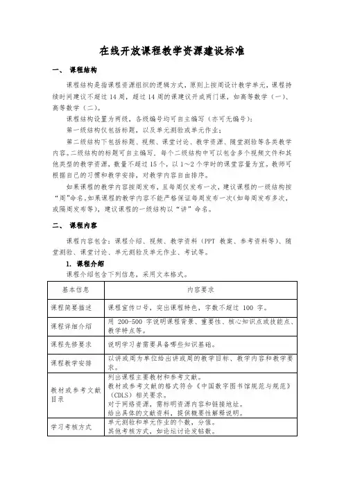 在线开放课程教学资源建设标准