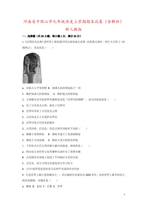 河南省平顶山市九年级历史上学期期末试卷(含解析)新人教版